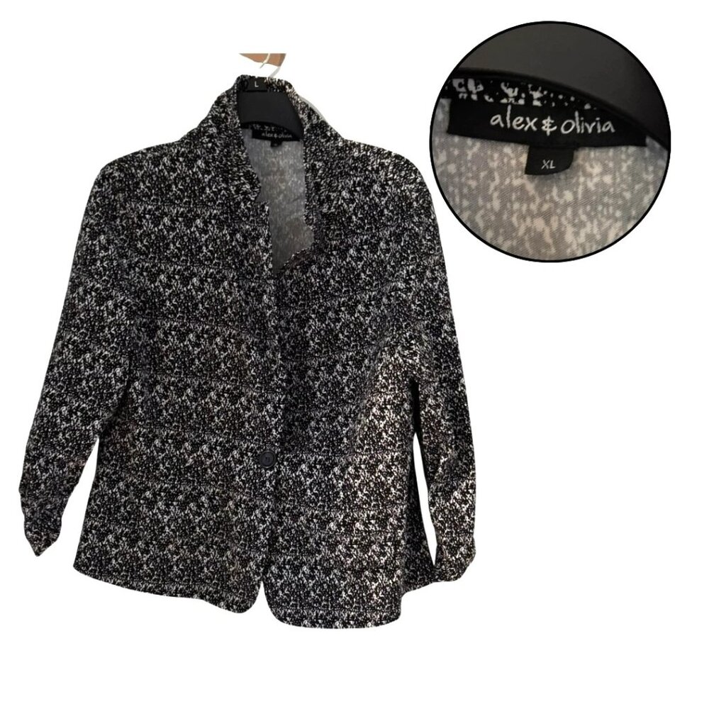 Alex & Olivia Knit Blazer Cardigan XL Black White Open Front Jacket Women